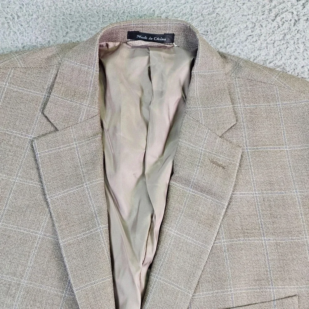 Lauren Ralph Lauren Sport Coat Mens 48R Beige Plaid Silk Wool Classic Fit Blazer